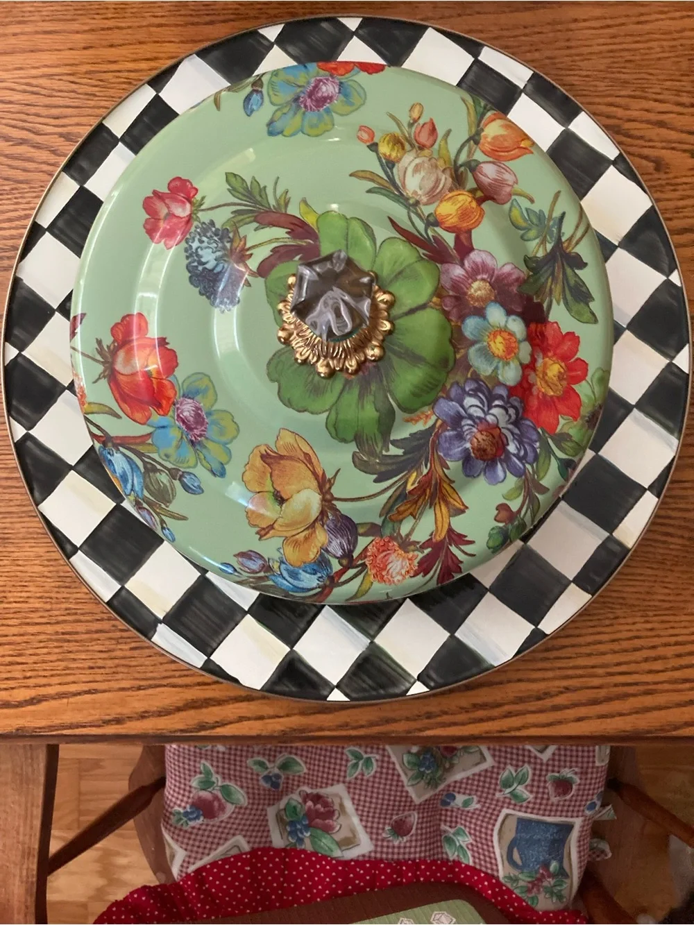 MacKenzie-Childs Floral Mint Cake Dome with Checker Plate